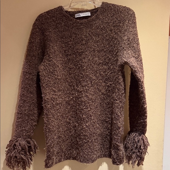 Zara Sweaters - Zara Chocolate Brown Textured Fringe-Cuff Crewneck Sweater